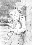  against_wall can graphite_(medium) hong_meiling izayoi_sakuya monochrome multiple_girls scarf side touhou traditional_media vent_arbre 