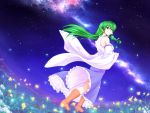 bare_shoulders boots breasts detached_sleeves flower green_eyes green_hair highres hoshino_yami japanese_clothes kochiya_sanae long_hair long_skirt miko milky_way skirt sky snake_hair_ornament solo star_(sky) starry_sky touhou wind