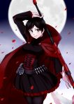  1girl black_hair black_legwear bosatsu_touge breasts cape corset full_moon grey_eyes highres moon over_shoulder pantyhose petals red_cape rose_petals ruby_rose rwby scythe short_hair skirt skirt_set smile solo weapon weapon_over_shoulder 