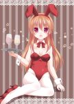  absurdres animal_ears bare_shoulders breasts brown_hair bunny_ears bunny_girl bunnysuit cleavage detached_collar fang glass highres ikeda_yuuki long_hair open_mouth original pantyhose rabbit_ears red_eyes revision solo tray white_legwear wrist_cuffs 