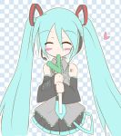  blush checkered checkered_background closed_eyes eyes_closed hatsune_miku heart long_hair nibi skirt solo twintails very_long_hair vocaloid 