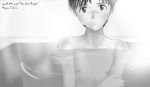  arm_grab bathing blush ikari_shinji looking_at_viewer meguro_fukuzou monochrome neon_genesis_evangelion short_hair solo wet 