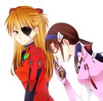  blue_eyes brown_hair evangelion:_3.0_you_can_(not)_redo eyepatch kiss makinami_mari_illustrious multiple_girls neon_genesis_evangelion orange_hair plugsuit rebuild_of_evangelion shikinami_asuka_langley smile soryu_asuka_langley souryuu_asuka_langley twintails 