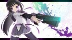  akemi_homura black_hair creator_connection dominator_(gun) gun hairband handgun highres kuro_chairo_no_neko long_hair magical_girl mahou_shoujo_madoka_magica pantyhose psycho-pass purple_eyes ribbon solo urobuchi_gen violet_eyes weapon 