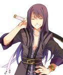  ^_^ black_hair blush closed_eyes collarbone eyes_closed grin hand_on_chin holding katana looking_at_viewer male simple_background smile solo suzushiro_kurumi sword tales_of_(series) tales_of_vesperia weapon white_background yuri_lowell 