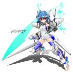  blue_hair blue_legwear character_name cyber_angels_valforce densou_tenshi_valforce elbow_gloves flat_chest gloves hair_ornament highres huge_weapon kannagi_ai karukan_(monjya) lance mecha_musume one-piece_swimsuit polearm red_eyes school_swimsuit shadow short_hair solo swimsuit thigh-highs thighhighs thrusters title_drop weapon white_swimsuit 