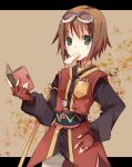  blush book brown_hair fingerless_gloves gloves goggles goggles_on_head green_eyes holding holding_book letterboxed looking_at_viewer magnifying_glass mouth_hold open_book rita_mordio sandwich short_hair solo suzushiro_kurumi tales_of_(series) tales_of_vesperia 