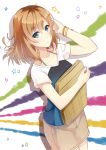  .com 1girl adjusting_hair blue_eyes brown_hair carrying highres looking_at_viewer miyamori_aoi shirobako short_hair skirt smile solo star t-shirt 