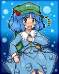  1girl backpack bag blue_eyes blue_hair blush bubble cattail eruru_(erl) frame hair_bobbles hair_ornament hat highres kawashiro_nitori long_sleeves open_mouth plant pocket shirt short_hair skirt solo surprised tears touhou twintails wavy_mouth 