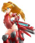  bare_shoulders breasts character_request cyber_angels_valforce densou_tenshi_valforce elbow_gloves gloves green_eyes hands_on_hips karukan_(monjya) long_hair mecha_musume mechanical_arms misawa_elena one-piece_swimsuit orange_hair red_legwear red_swimsuit school_swimsuit solo swimsuit thigh-highs thighhighs thrusters two_side_up 