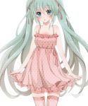  aqua_eyes babydoll blush creator_sage dress green_hair hair_ribbon hatsune_miku hiro_(hirohiro31) light_particles long_hair pink_legwear polka_dot ribbon simple_background solo thigh-highs thighhighs twintails very_long_hair vocaloid white_background zettai_ryouiki 