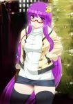  :&lt; alternate_costume bespectacled black_legwear breasts breath contemporary crescent glasses hair_ornament hands_in_pockets jacket large_breasts long_hair miniskirt namidame patchouli_knowledge purple_eyes purple_hair skirt solo sweater thigh-highs thighhighs touhou tree very_long_hair violet_eyes zettai_ryouiki 