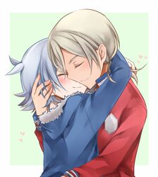  adult blush closed_eyes eyes_closed fubuki_shirou gouenji_shuuya heart hug inazuma_eleven_(series) inazuma_eleven_go male multiple_boys smile yuukiarisu 