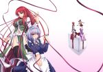  black_legwear flandre_scarlet hong_meiling izayoi_sakuya laevatein lavender_hair long_hair maid mouth_hold multiple_girls no_hat no_headwear outstretched_hand pandora_(angelfeather-heart) patchouli_knowledge red_hair redhead remilia_scarlet ribbon short_hair side_slit sitting thigh-highs thighhighs touhou zettai_ryouiki 