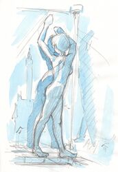  barefoot caracol long_hair nude original radiation_symbol reflection sketch solo standing 