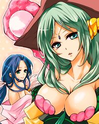  aoi_remi aqua_eyes blue_hair breasts cleavage fan green_eyes green_hair hat long_hair magi_the_labyrinth_of_magic multiple_girls ren_hakuei shell shell_bikini staff witch_hat yamuraiha 