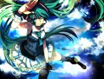  74x blue_eyes cloud clouds fingerless_gloves from_above gloves green_hair hatsune_miku headphones long_hair skirt sky smile solo thigh-highs thighhighs twintails very_long_hair vocaloid wink 