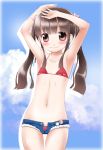  armpits arms_up bare_shoulders bikini brown_eyes brown_hair cloud clouds denim denim_shorts flat_chest highres long_hair looking_at_viewer md5_mismatch navel noto_(soranoto) original short_shorts shorts sky smile solo swimsuit thigh_gap twintails 