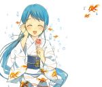  1girl ^_^ blue_hair blush bubble candy_apple closed_eyes fish goldfish japanese_clothes kantai_collection kimono long_hair open_mouth rand_(artist) samidare_(kantai_collection) solo very_long_hair white_background yukata 