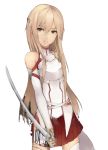  asuna_(sao) bare_shoulders breastplate brown_eyes brown_hair detached_sleeves holding kyoeiki long_hair rough skirt smile solo sword sword_art_online thigh-highs thighhighs weapon white_background white_legwear 