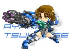  aiming black_swimsuit brown_eyes brown_hair character_name chibi crotch_plate cyber_angels_valforce densou_tenshi_valforce gatling_gun gun karukan_(monjya) mecha_musume mechanical_arms one-piece_swimsuit short_hair solo swimsuit tsukikage_ayaka weapon 