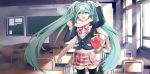  aqua_eyes aqua_hair bag bow classroom cocoon_(loveririn) hatsune_miku long_hair plaid revision scarf school_uniform skirt solo thigh-highs thighhighs twintails very_long_hair vocaloid zettai_ryouiki 