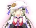  :d ^_^ blush bow capelet closed_eyes eyes_closed fang green_hair hair_ornament hat ichimi little_busters!! long_hair noumi_kudryavka open_mouth school_uniform simple_background smile solo white_background 