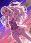  belt breasts cleavage cloud clouds gloves hair_tussle hairband hand_on_hip highres idolmaster long_hair nomi open_mouth red_eyes shijou_takane silver_hair skirt sky solo 