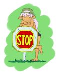  barefoot caracol elf english hat long_hair original pink_hair pointy_ears ponytail sign solo stop_sign topless 