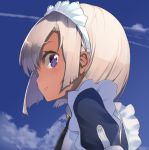  blue_eyes blush character_request cloud clouds copyright_request dark_skin looking_at_viewer maid maid_headdress shirabi_(life-is-free) short_hair sky smile solo white_hair 