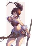  breasts brown_hair jewelry large_breasts league_of_legends long_hair nidalee polearm ponytail solo thieu_quang_duc tribal weapon yellow_eyes 