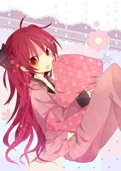  fang hairband highres long_hair mahou_shoujo_madoka_magica mmco open_mouth pajamas pillow ponytail red_eyes red_hair redhead sakura_kyouko solo star 