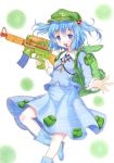  assault_rifle backpack bag blue_eyes blue_hair blush boots gun hair_bobbles hair_ornament hat kawashiro_nitori key kittona m4_carbine millipen_(medium) open_mouth pastel_(medium) rifle short_hair skirt smile solo touhou traditional_media twintails water_gun watercolor_pencil_(medium) weapon 