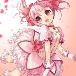  :d bobby_socks bubble_skirt choker gloves hair_ribbon hariko kaname_madoka mahou_shoujo_madoka_magica open_mouth pink_eyes pink_hair puffy_short_sleeves puffy_sleeves ribbon short_hair short_sleeves skirt smile socks solo twintails 