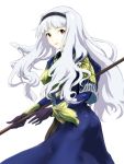  alternate_costume breasts brown_eyes colmack gloves hairband idolmaster long_hair open_mouth polearm shijou_takane silver_hair solo weapon 