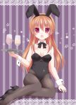  absurdres animal_ears bare_shoulders black_legwear breasts brown_hair bunny_ears bunny_girl bunnysuit cleavage detached_collar fang glass high_heels highres ikeda_yuuki long_hair open_mouth original pantyhose rabbit_ears red_eyes revision solo tray wrist_cuffs 