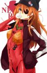  badge blue_eyes brown_hair bubblegum evangelion:_3.0_you_can_(not)_redo eyepatch hand_in_pocket hat highres long_hair neon_genesis_evangelion nerv niangao plugsuit rebuild_of_evangelion shikinami_asuka_langley simple_background solo soryu_asuka_langley souryuu_asuka_langley track_jacket white_background 