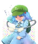  blue_hair blush closed_eyes dress embarrassed eyes_closed fidgeting flying_sweatdrops hair_bobbles hair_ornament hand_behind_head hat kawashiro_nitori key morioka_itari polka_dot polka_dot_background robotic_arms solo sweatdrop touhou twintails 