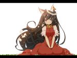  adult animal_ears breast_squeeze breasts brown_eyes brown_hair cat_ears cat_tail chen dress ear_piercing haruyonoto head_wreath highres jewelry large_breasts letterboxed long_hair looking_at_viewer multiple_tails no_hat no_headwear piercing puffy_sleeves red_dress shirt short_sleeves single_earring sitting smile solo tail touhou v_arms very_long_hair 