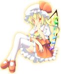  ascot blonde_hair blush colored flandre_scarlet hand_to_mouth hat hat_ribbon highres looking_at_viewer mary_janes meitou_muku red_eyes ribbon shoes side_ponytail sitting solo thigh-highs thighhighs touhou white_legwear wings zefa_(neoaltemice) 