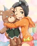  12-31 ;d black_hair doll_hug hoodie hug idolmaster idolmaster_cinderella_girls open_mouth rotoyuki short_hair smile solo stuffed_animal stuffed_toy teddy_bear wink yanase_miyuki yellow_eyes 