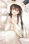  black_hair bottle brown_eyes drying_hair efe houraisan_kaguya japanese_clothes kimono long_hair musical_note open_mouth revision sitting smile solo spoken_musical_note spoken_sweatdrop sweatdrop touhou towel 