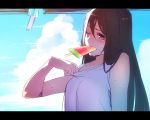  blush brown_eyes brown_hair cloud clouds hot long_hair mouth_hold original popsicle shikihara_mitabi shirt_tug skirt sky sweat sweating watermelon_popsicle wet wince window 