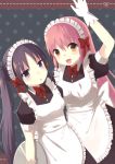  :d :o arm_up black_hair blue_eyes blush bow brown_eyes gloves holding long_hair looking_at_viewer maid maid_headdress multiple_girls nekomo open_mouth original pink_hair polka_dot polka_dot_background smile tray twintails white_gloves 