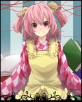  apron bell book character_name checkered checkered_shirt clothes_writing hair_bell hair_ornament jingle_bell long_sleeves looking_at_viewer motoori_kosuzu pink_hair red_eyes short_hair smile solo touhou twintails wide_sleeves 