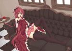  :o apple black_legwear bow candy couch detached_sleeves food frills fruit hair_bow lollipop long_hair lying magical_girl mahou_shoujo_madoka_magica on_back ponytail red_eyes red_hair redhead sakura_kyouko skirt solo thigh-highs thighhighs totika 