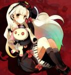  :o axe blonde_hair doll elbow_gloves gloves gothic_lolita kneehighs lolita_fashion long_hair looking_at_viewer mayu_(vocaloid) piano_print red_background shoes solo stuffed_toy vocaloid weapon yume74 