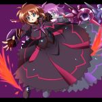  armor blue_eyes brown_hair dress fingerless_gloves gloves highres letterboxed long_sleeves luciferion lyrical_nanoha mahou_shoujo_lyrical_nanoha mahou_shoujo_lyrical_nanoha_a&#039;s mahou_shoujo_lyrical_nanoha_a&#039;s_portable:_the_battle_of_aces mahou_shoujo_lyrical_nanoha_a's mahou_shoujo_lyrical_nanoha_a's_portable:_the_battle_of_aces material-s open_mouth outstretched_hand puffy_sleeves short_hair solo wings yoroiusagi zoom_layer 