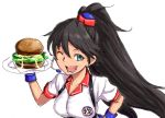  black_hair breasts character_request clearite fang food ganaha_hibiki green_eyes hamburger headset idolmaster long_hair looking_at_viewer open_mouth simple_background smile solo uniform white_background wink 