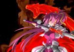  armor blue_eyes breasts bygddd5 dragon fingerless_gloves fire gloves hair_ribbon high_ponytail highres large_breasts levantine long_hair lyrical_nanoha mahou_shoujo_lyrical_nanoha mahou_shoujo_lyrical_nanoha_a&#039;s mahou_shoujo_lyrical_nanoha_a's pink_hair puffy_sleeves ribbon signum sky smoke solo star_(sky) starry_sky sword weapon 